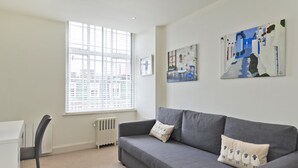 A modern living room with a grey sofa, a white radiator, a window with blinds, and two wall-mounted paintings.