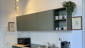 Moderni keittiö, jossa on keskeinen saareke, integroidut kaapit ja roikkuva kasvi.