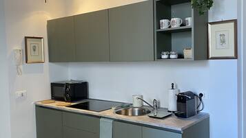 Kühlschrank, Mikrowelle, Herdplatte, Wasserkocher mit Kaffee-/Teezubehör