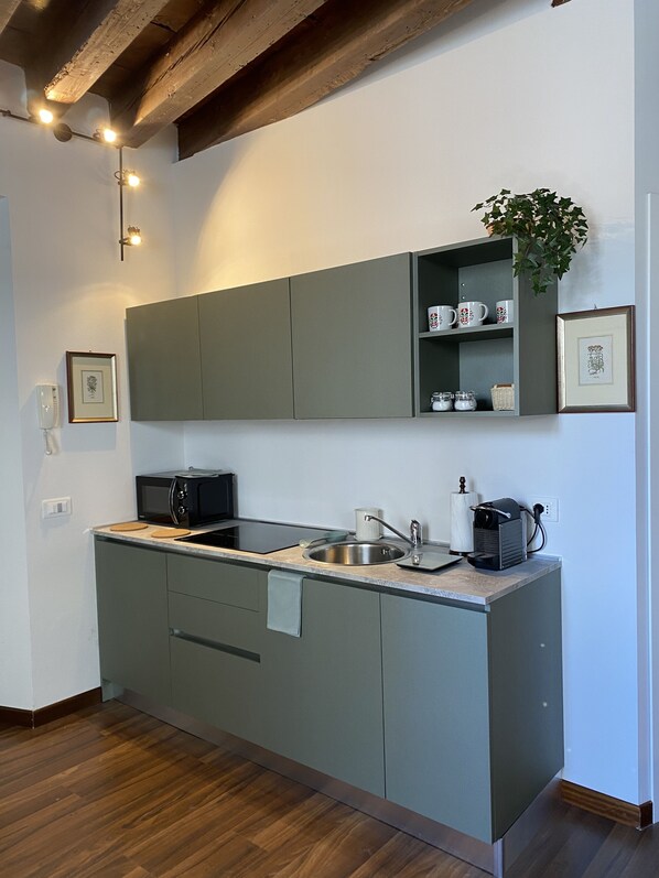 Fridge, microwave, stovetop, coffee/tea maker