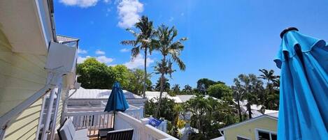 A balcony with a white railing, a blue umbrella, and a view of palm trees and neighboring houses.