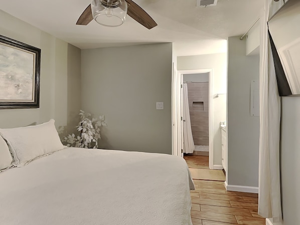 Un dormitorio con una cama, un ventilador de techo, un cuadro en la pared y una planta.