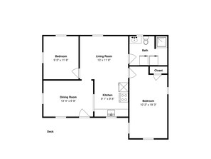 A floor plan with a bedroom, living room, dining room, kitchen, and two bathrooms. - Surfside Escape by Ryson Vacation Rentals (Freeport)