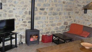 Ein gemütliches Wohnzimmer mit Steinwand, Kamin, Fernseher und einer Couch.