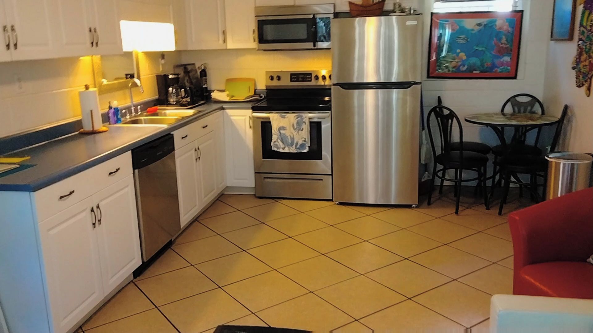 Coffee/tea maker, fridge, microwave, oven