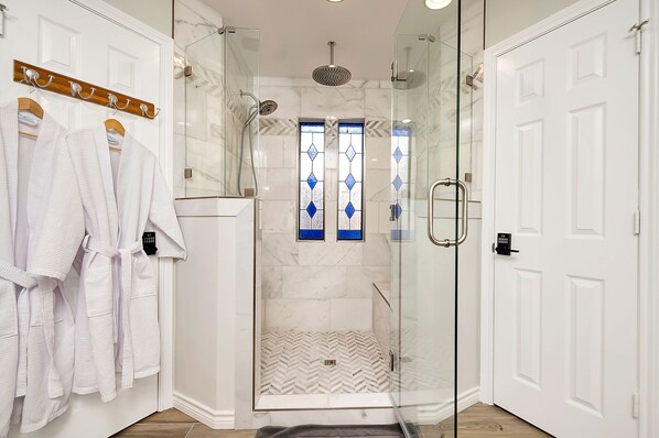 Shower, hair dryer, towels, soap