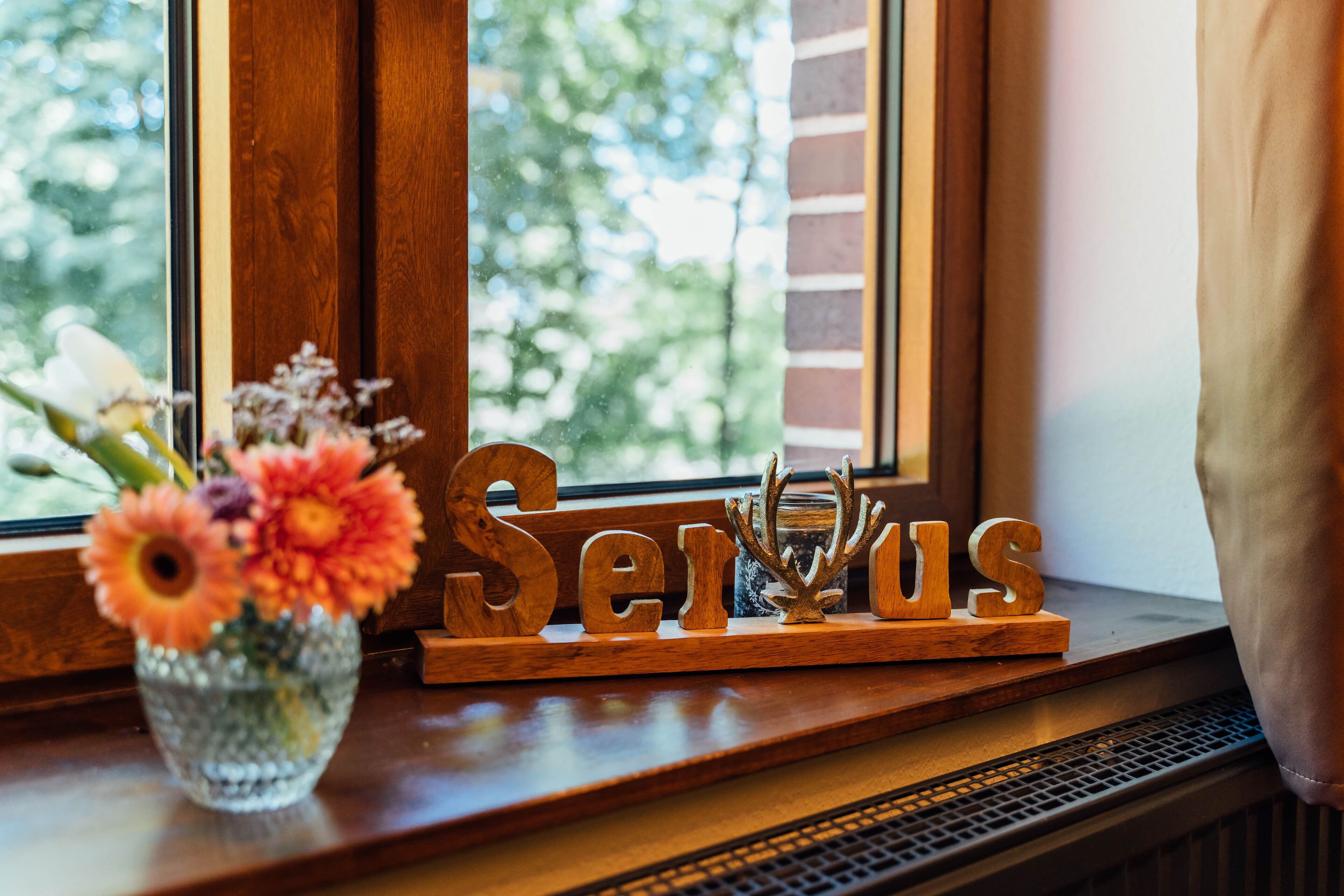 A wooden sign with the word "Serious" on a window sill, next to a vase with flowers.
