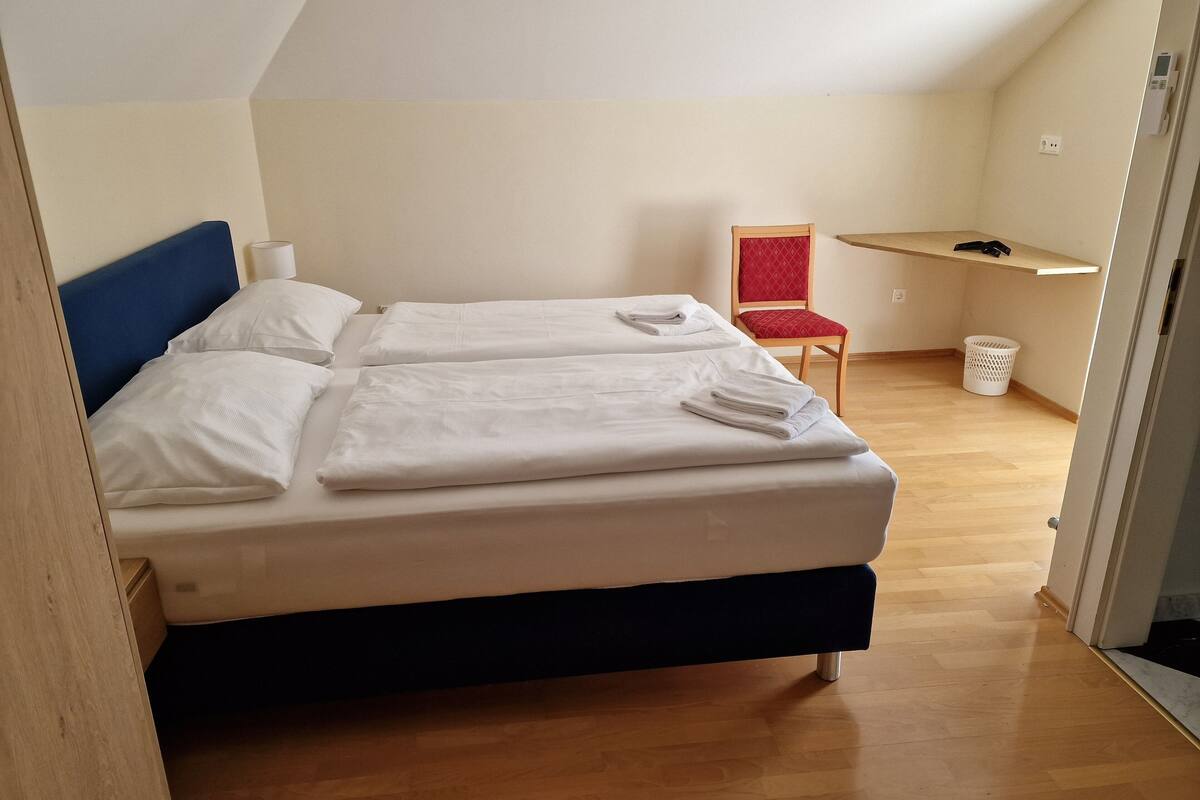 A room with two beds, a chair, a desk, and a trash bin.