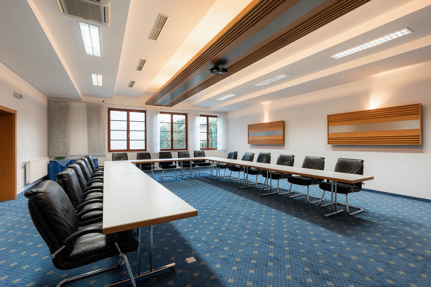 A conference room with a long table and chairs, large windows, and a blue patterned carpet.