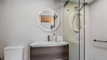 Shower, hair dryer, towels
