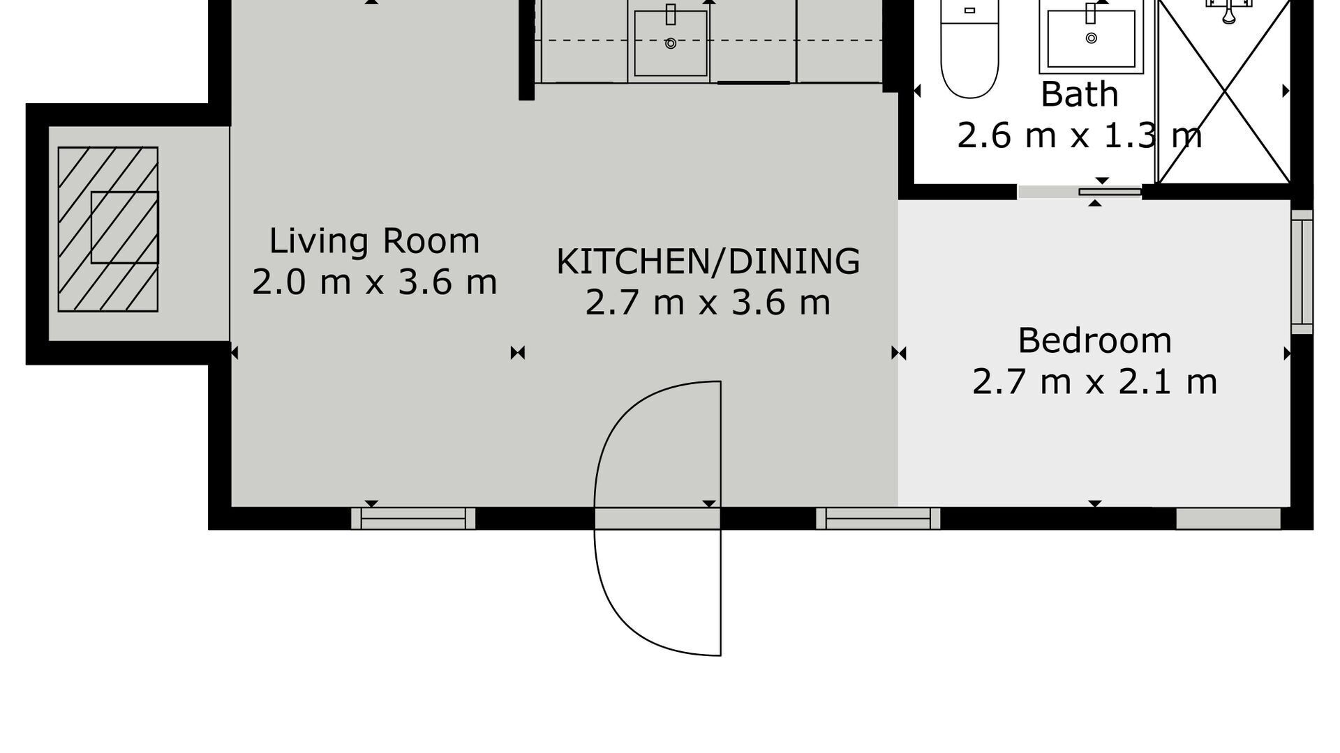 A floor plan with a living room (2.0 m x 3.6 m), kitchen/dining (2.7 m x 3.6 m), bedroom (2.7 m x 2.1 m), and a bathroom (2.6 m x 1.3 m).