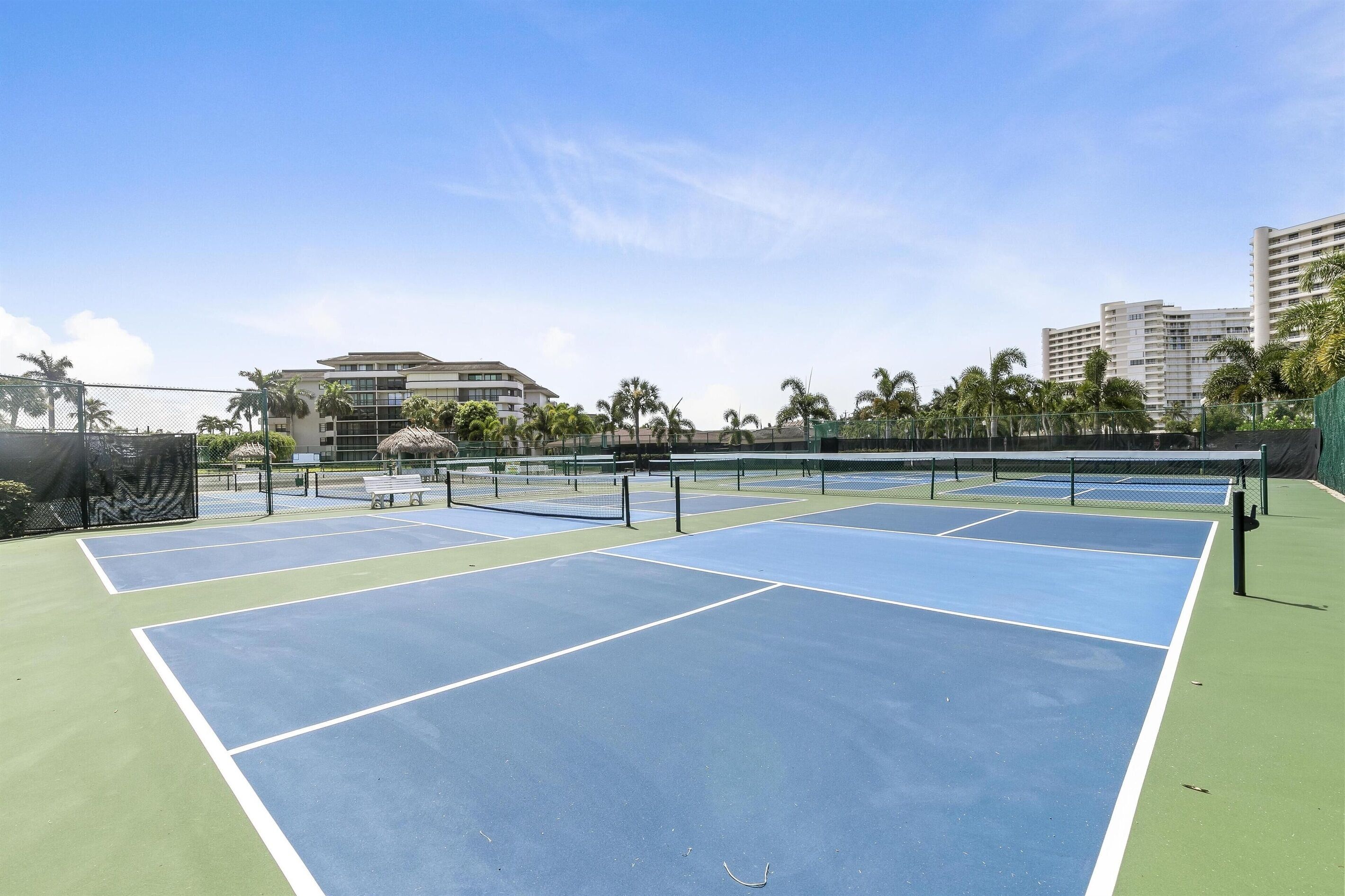 Ein Tennisplatz mit mehreren Feldern, umgeben von einem Zaun und Palmen.