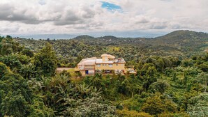A large, two-story house surrounded by dense tropical vegetation and hills in the background. - El Yunque Rainforest Villa, Pool, Toro Trail, 5-Acre Hacienda, Fruit Trees (Canóvanas)