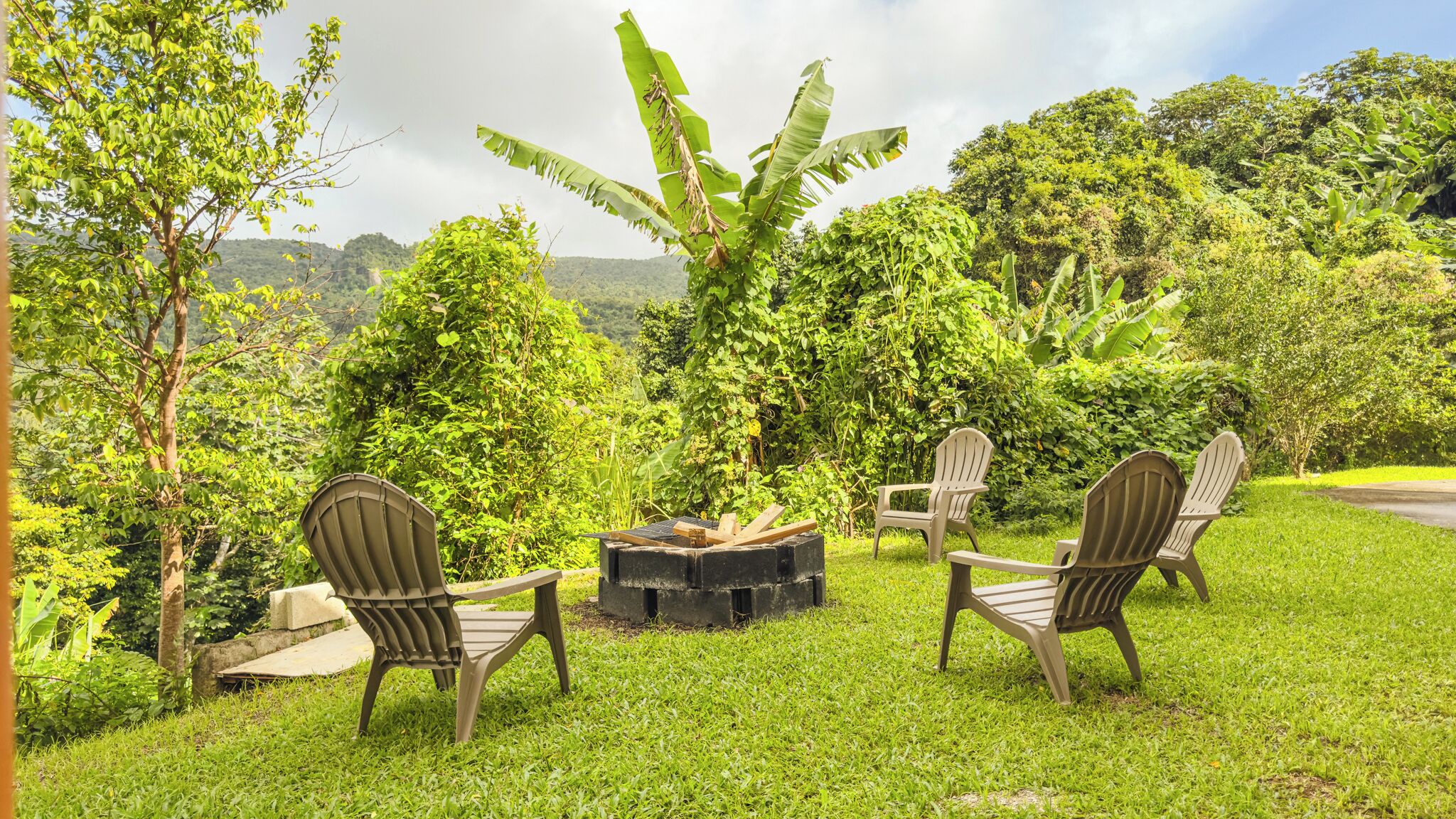 Um jardim com três cadeiras Adirondack, um braseiro e muita vegetação.