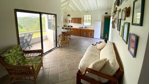 Un vaste espace de vie avec une porte-fenêtre coulissante donnant sur un balcon, une cuisine avec des meubles en bois et un coin repas avec des meubles en osier.