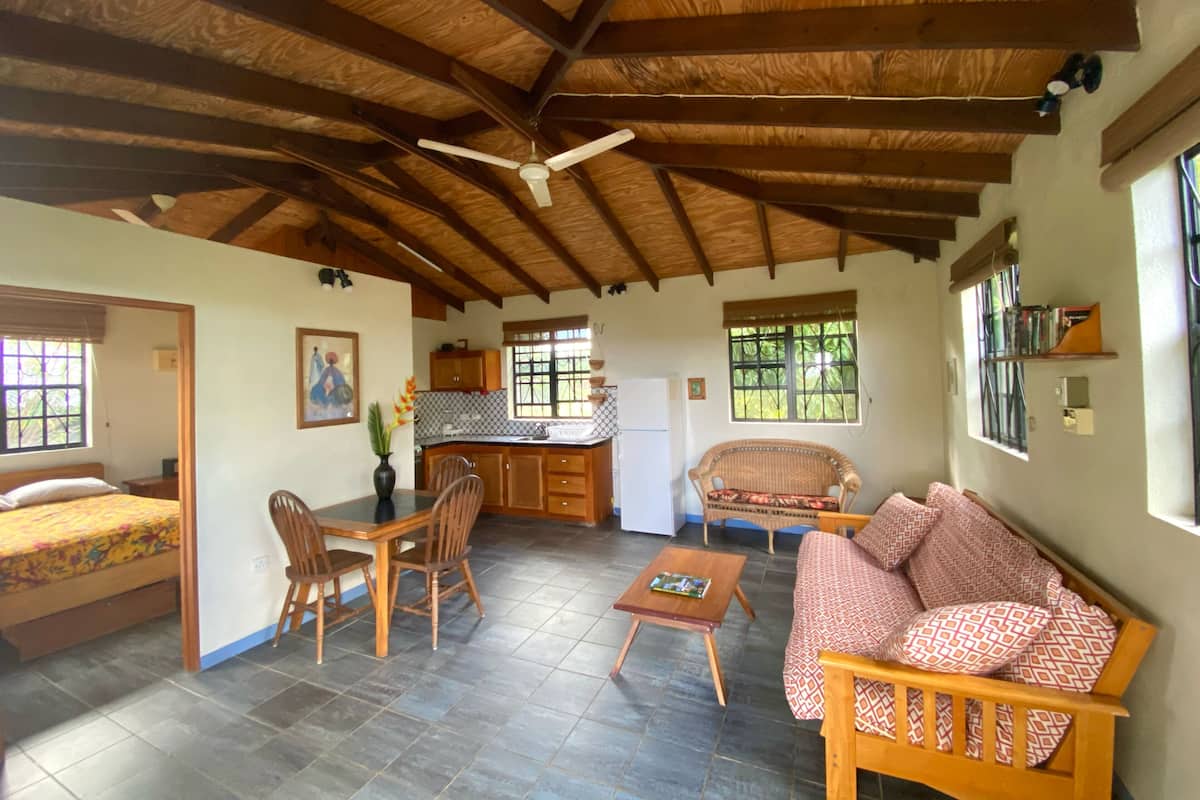 A spacious living area with a high ceiling, wooden beams, a dining table with chairs, a sofa, a kitchen area, and a window with a view of greenery.