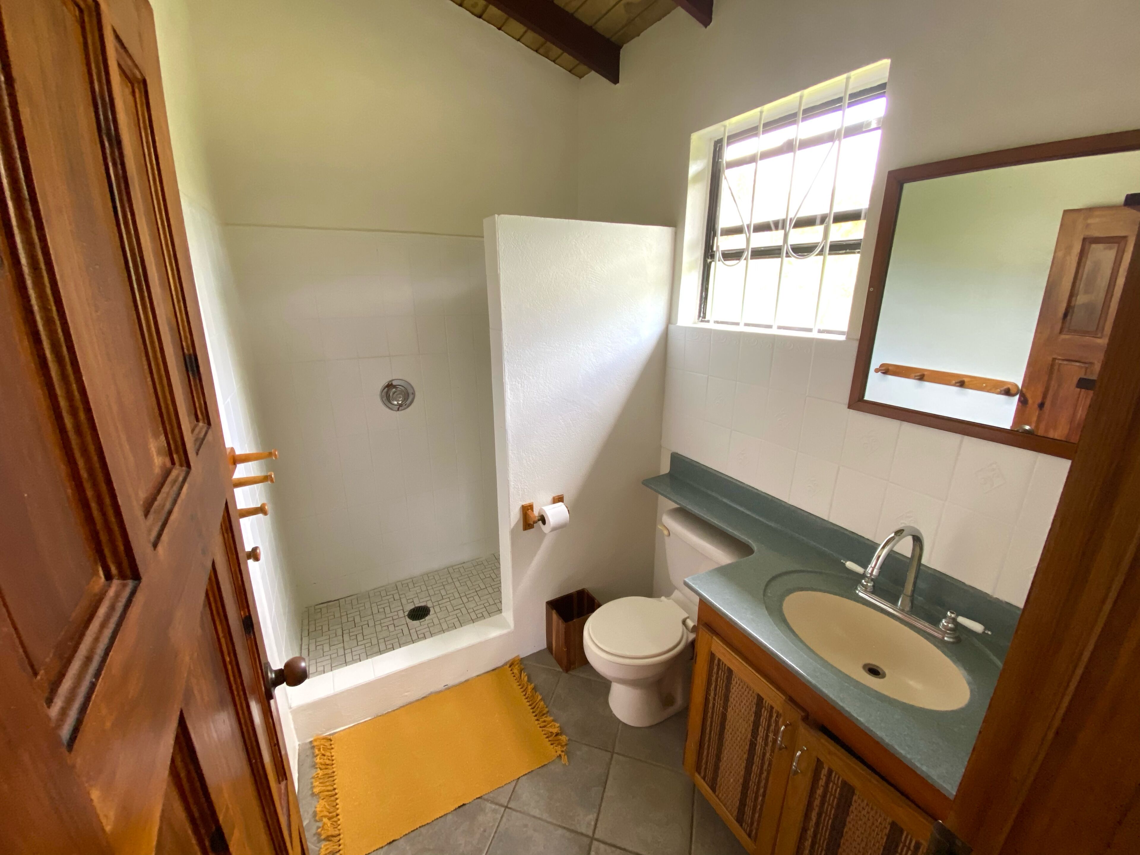 Une salle de bain équipée d’une douche, de toilettes, d’un lavabo et d’un miroir.