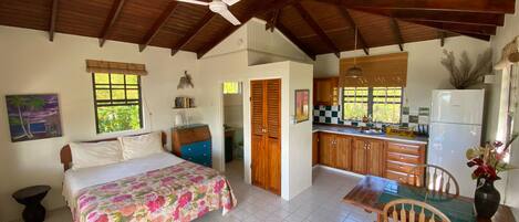 A spacious room with a bed, a dining table, and a kitchen area.