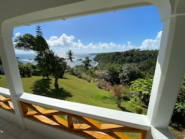 Vista desde un balcón con baranda de madera, que muestra un paisaje verde exuberante, una palmera y una costa con el océano y el cielo.