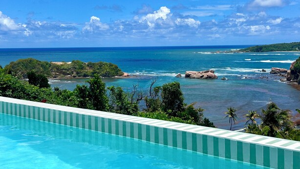 Une piscine avec vue sur l’océan et la végétation environnante.