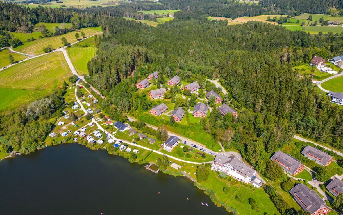An aerial view of a lakeside residential area with houses, a large building, and a road.