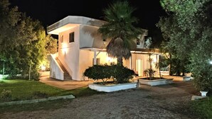 A modern house with a staircase leading to the entrance, surrounded by well-maintained gardens and a palm tree.
