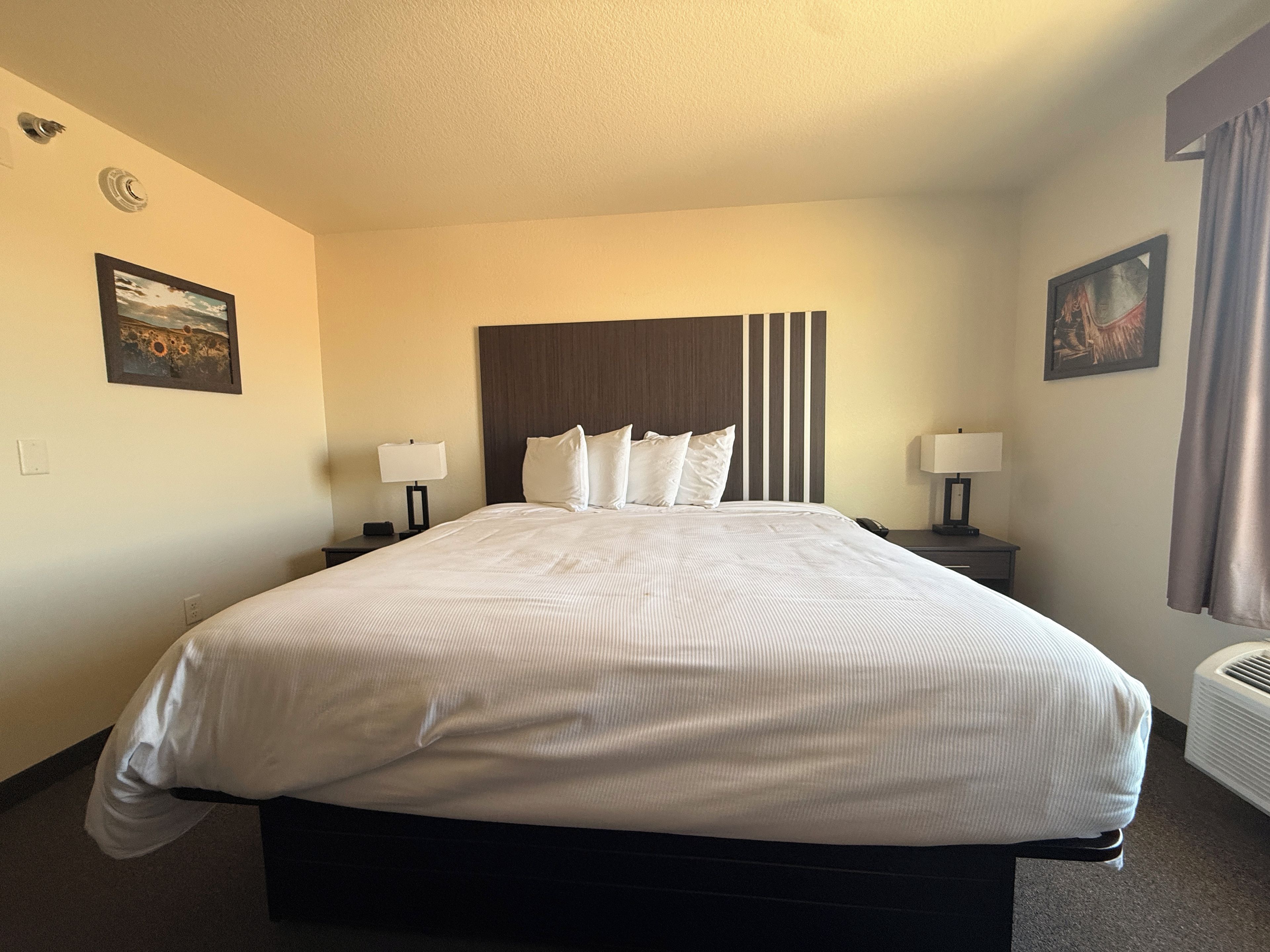 A hotel room with a large bed, two bedside tables, and a headboard with vertical lines.