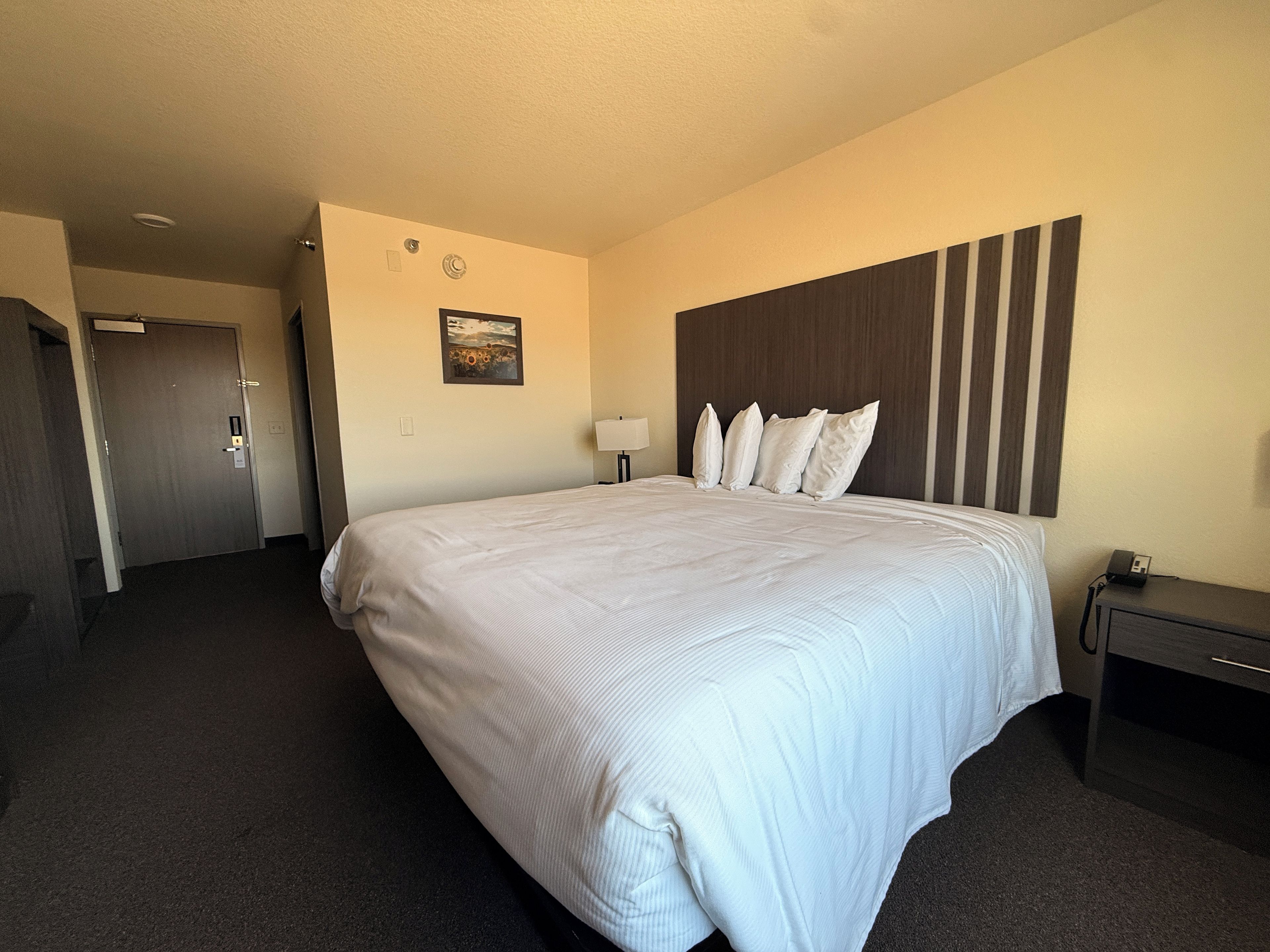 A hotel room with a large bed, a headboard with vertical slats, a bedside table with a lamp, and a door leading to another room.
