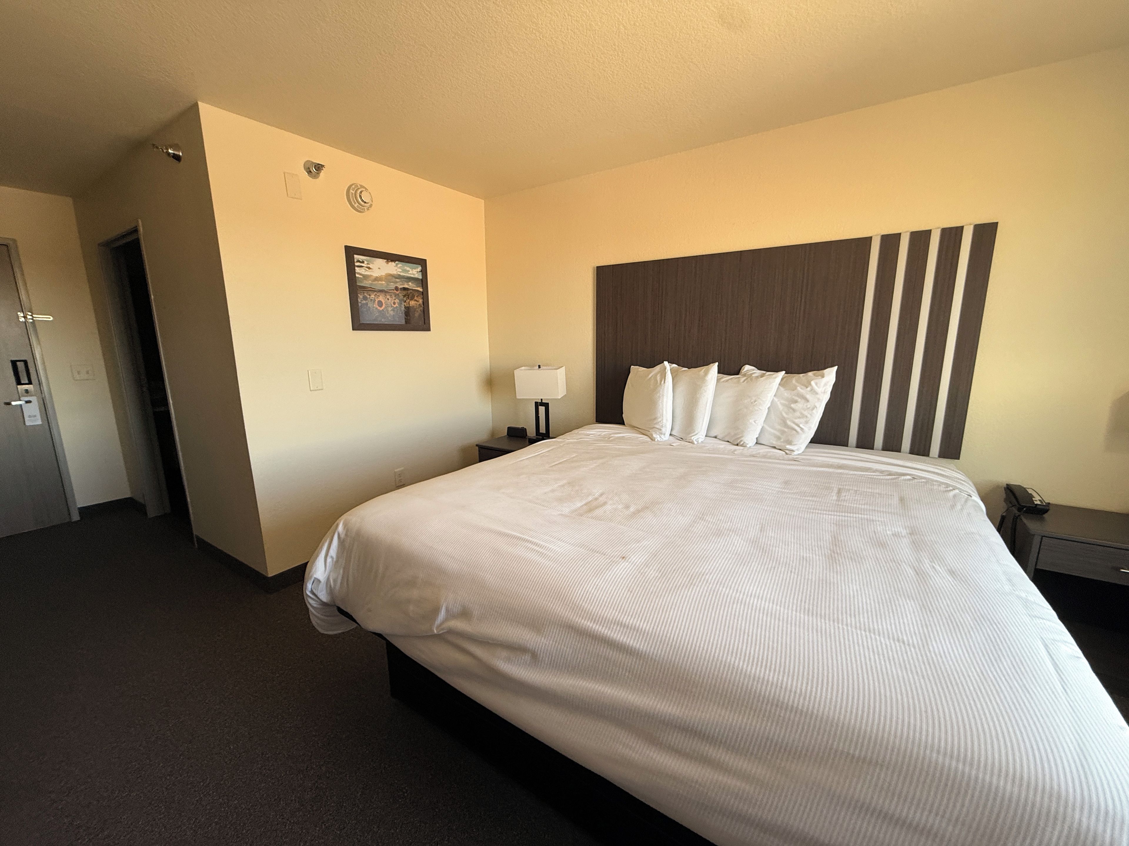 Una habitación de hotel con una cama grande, una mesita de noche, una lámpara de pared y una puerta.