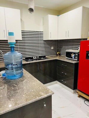 Kjøleskap, mikrobølgeovn, kokeplater og vannkoker