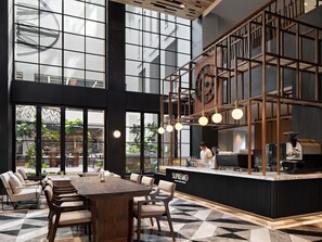 A modern bar area with a wooden counter, seating, and large windows. - Mövenpick Hotel Jakarta City Centre (Jakarta)
