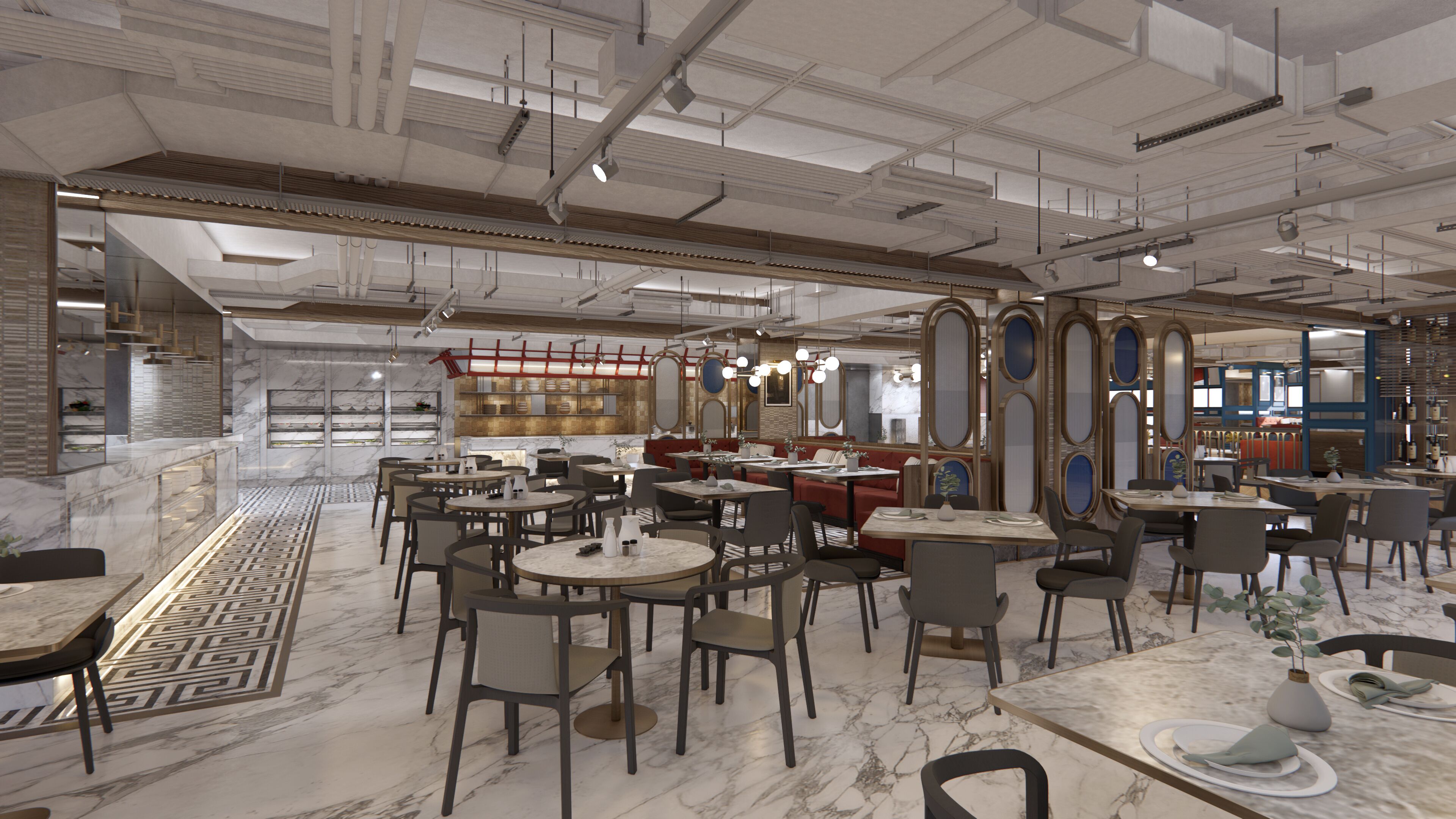 A modern restaurant interior with marble flooring, multiple dining tables and chairs, and a variety of lighting fixtures.