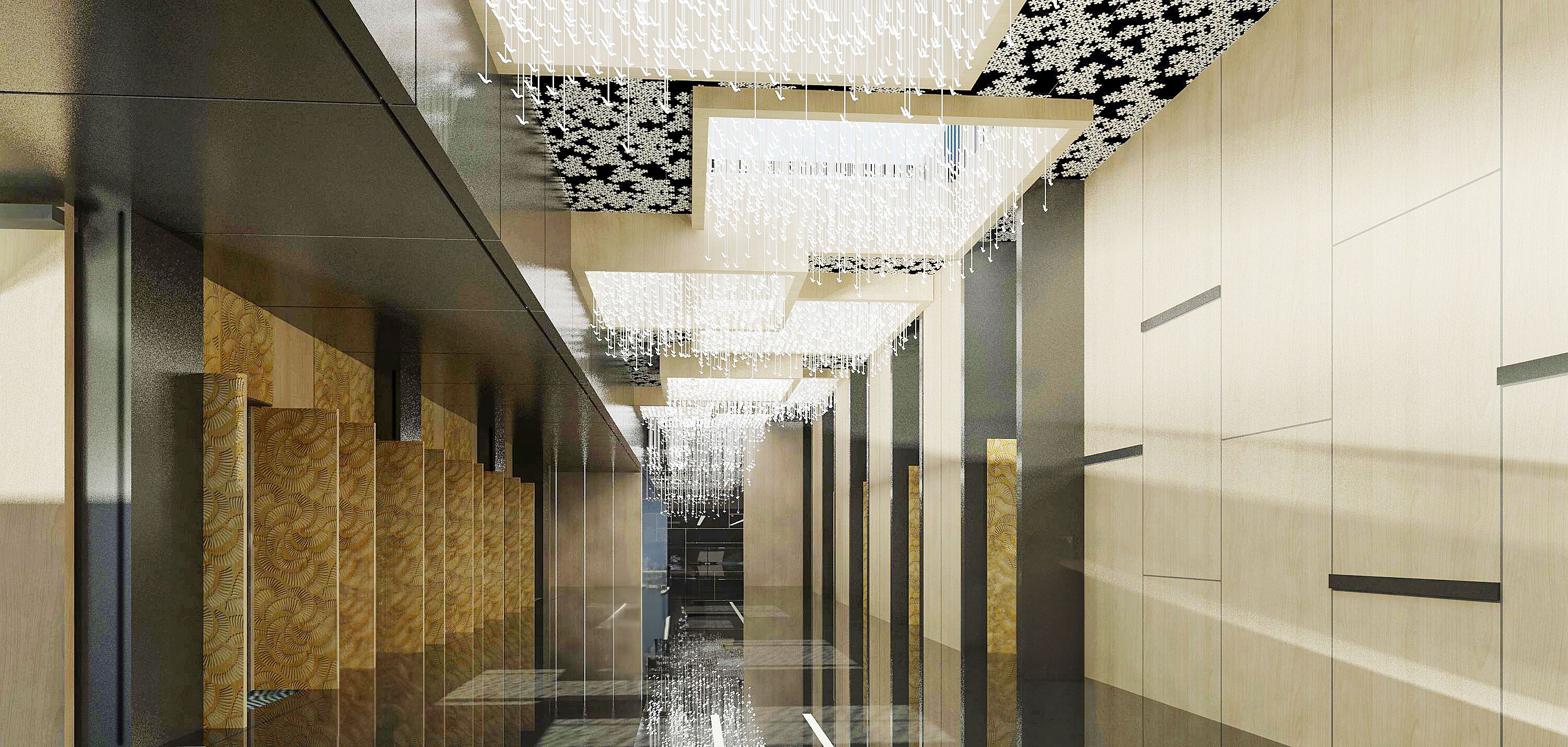 Un couloir moderne avec des revêtements de sol réfléchissants, des murs à motifs et des luminaires suspendus.