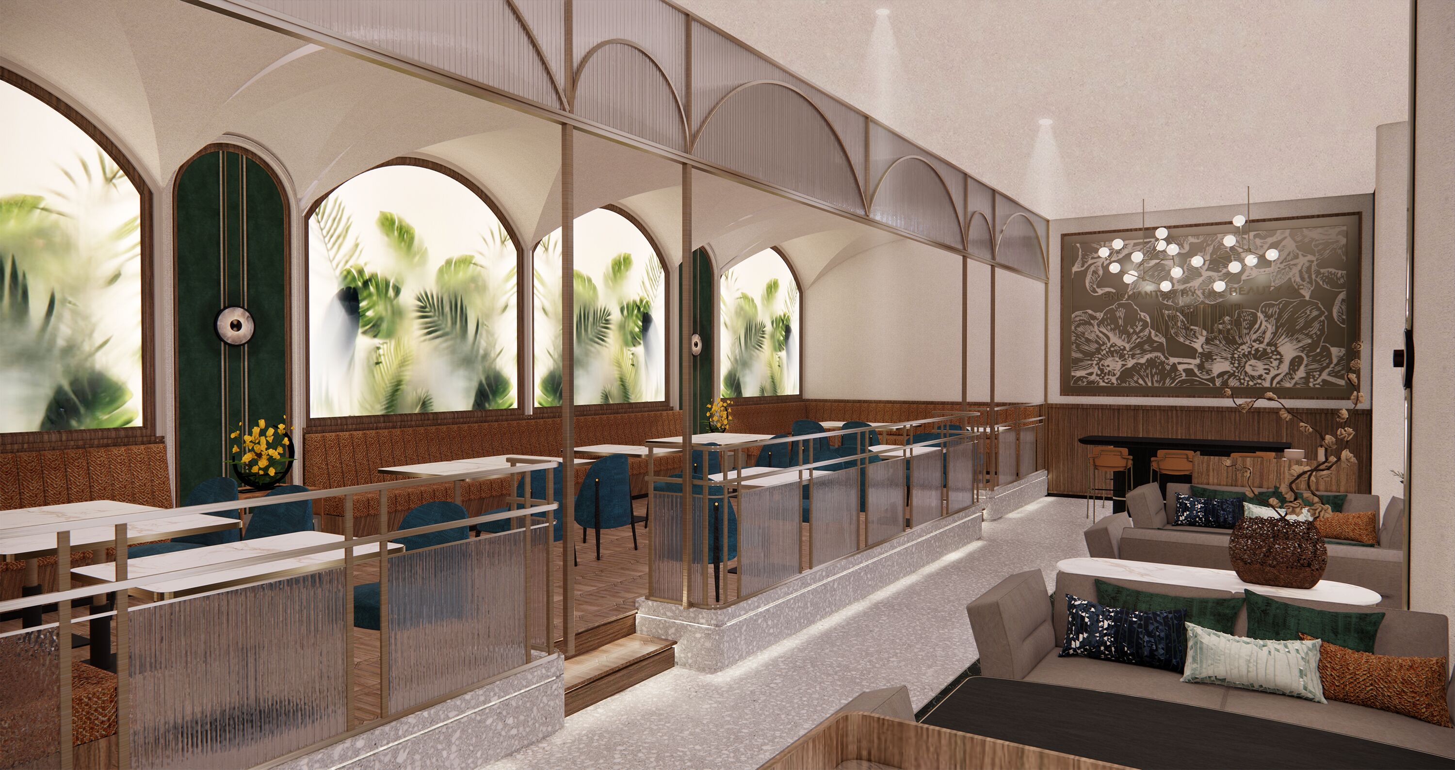 A modern restaurant with high tables and booths, large windows with views of palm trees, and a decorative wall with a floral pattern.