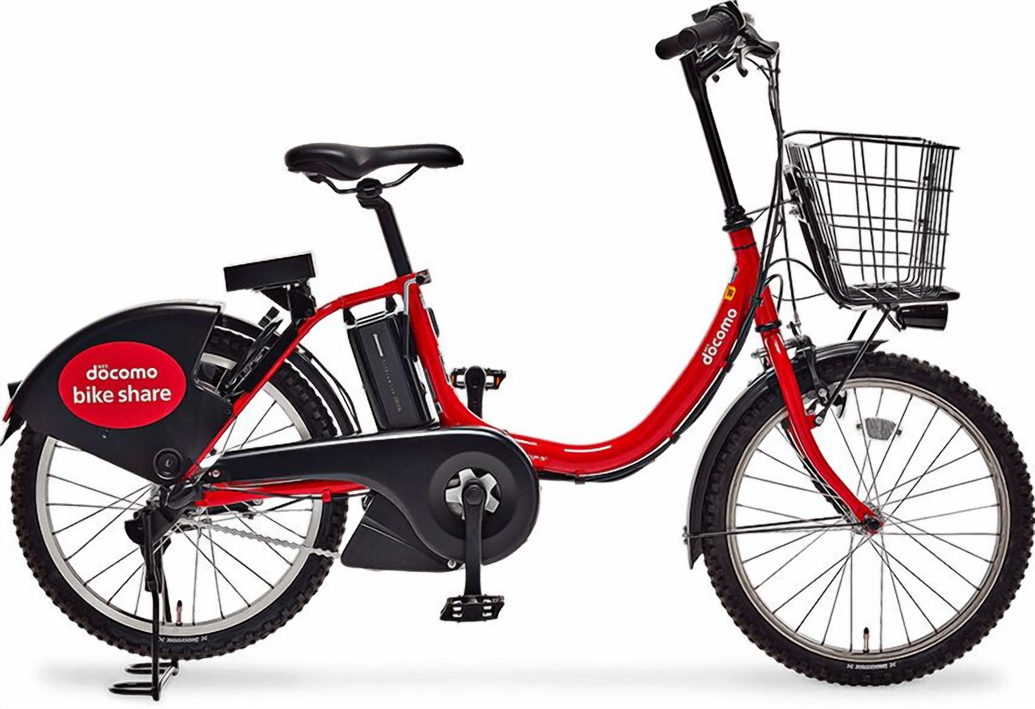 A red and black bicycle with a basket and a label that reads "docomo bike share."