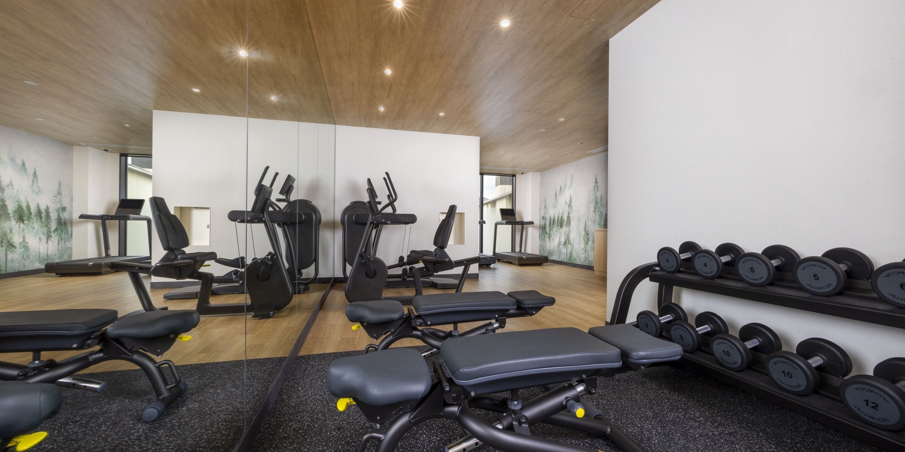A gym with exercise equipment, benches, and a rack of dumbbells.