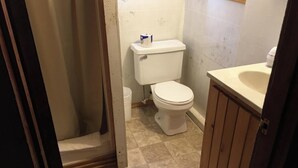 Une salle de bain comprenant des toilettes, un lavabo et un espace douche.