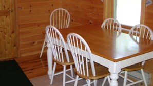 A wooden interior with a dining table and white chairs.