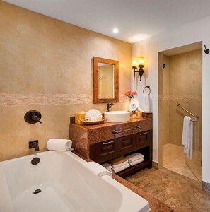 Shower, jetted tub, hair dryer, towels
