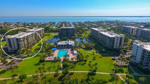 Enjoy serene views of the surrounding water from the comfort of your room, with a pool area surrounded by lush greenery and palm trees.