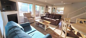Smart TV, fireplace, books