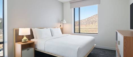 A hotel room with a bed, a nightstand with a lamp, a dresser, and a window with a view of a desert landscape.