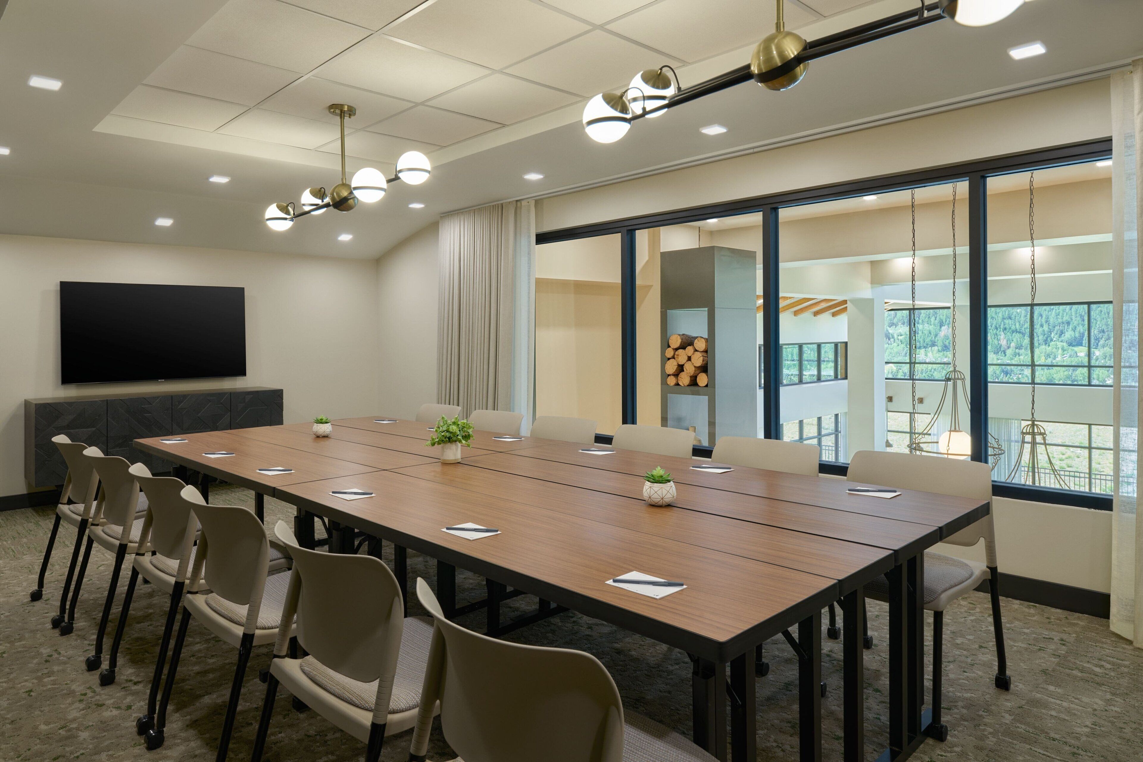 A conference room with a long table, chairs, a flat-screen TV, ceiling lights, and a view through large windows.