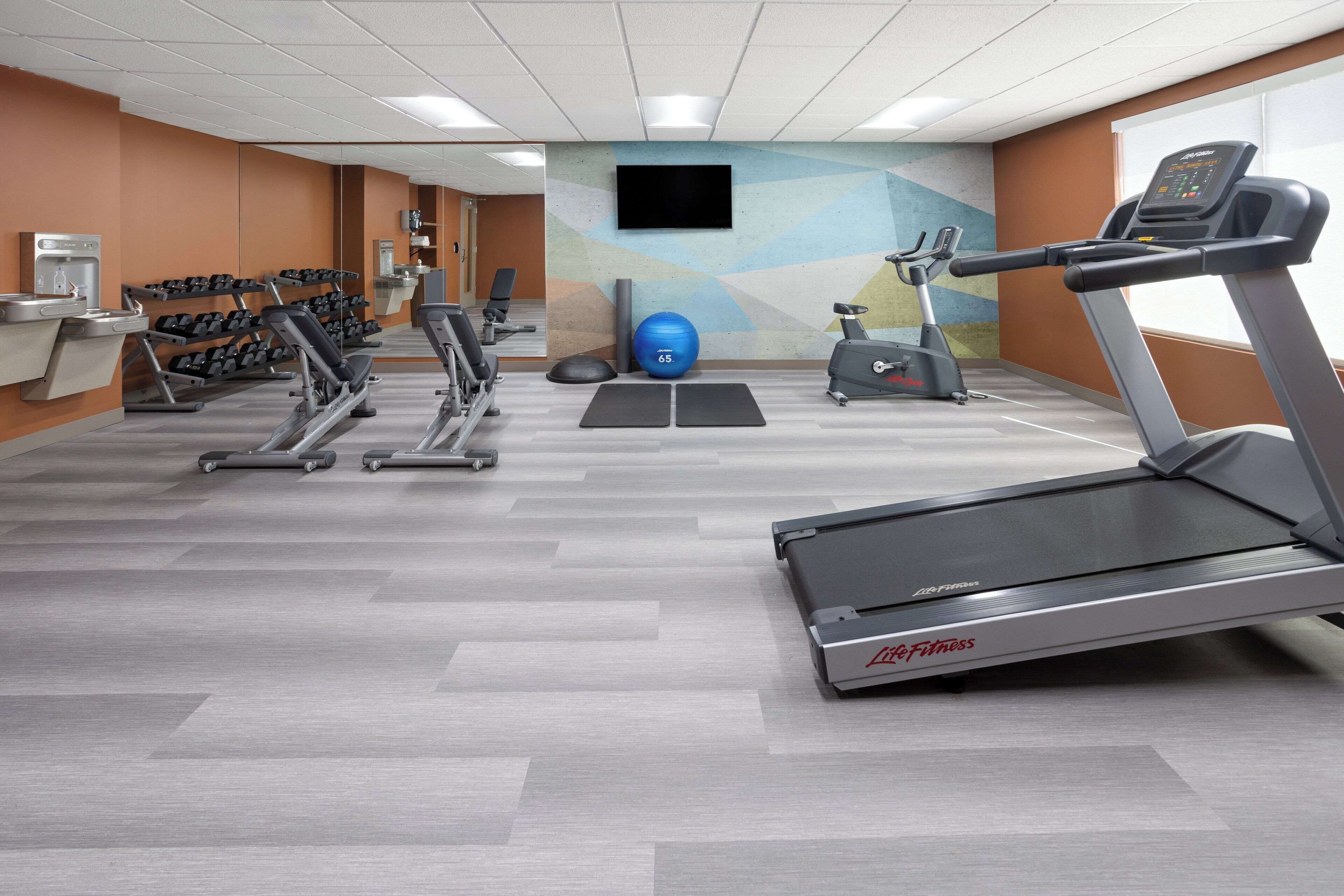 A gym with treadmills, elliptical machines, and free weights.
