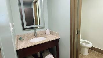 Hair dryer, towels, soap, shampoo