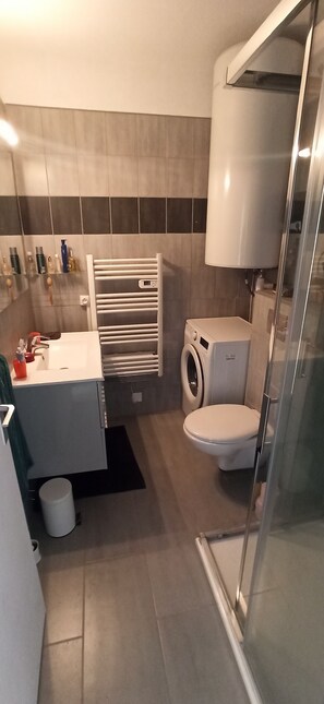 Shower, hair dryer, towels