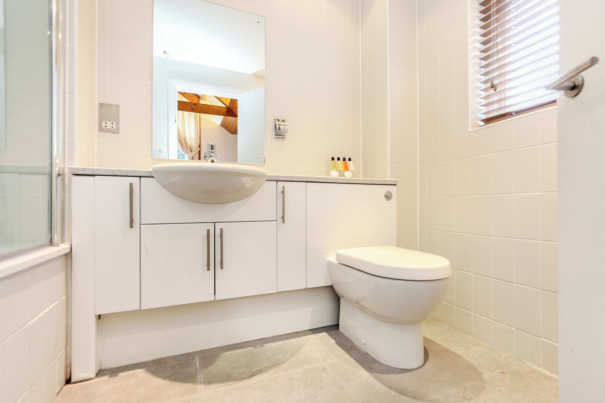 A bathroom with a white sink, a toilet, and a mirror above the sink.