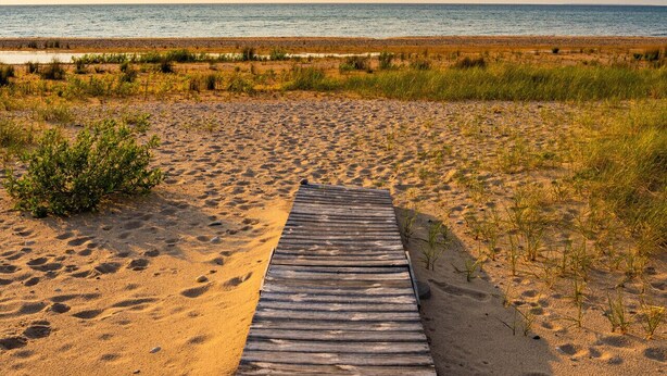 A wooden boardwalk leading to a beach with sand and sparse vegetation. - Spirit Lake Retreat - Suite B (Harbor Springs)