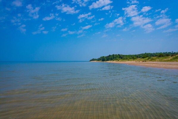Une plage à l’eau claire, avec une rangée d’arbres qui se dessine à l’horizon.