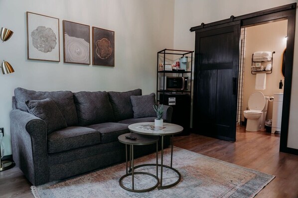 Un salon avec un canapé gris foncé, une petite table ronde ornée d’une plante et une porte noire donnant accès à une salle de bain.